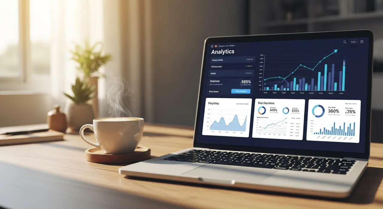 Laptop showing an analytics dashboard with a growth chart