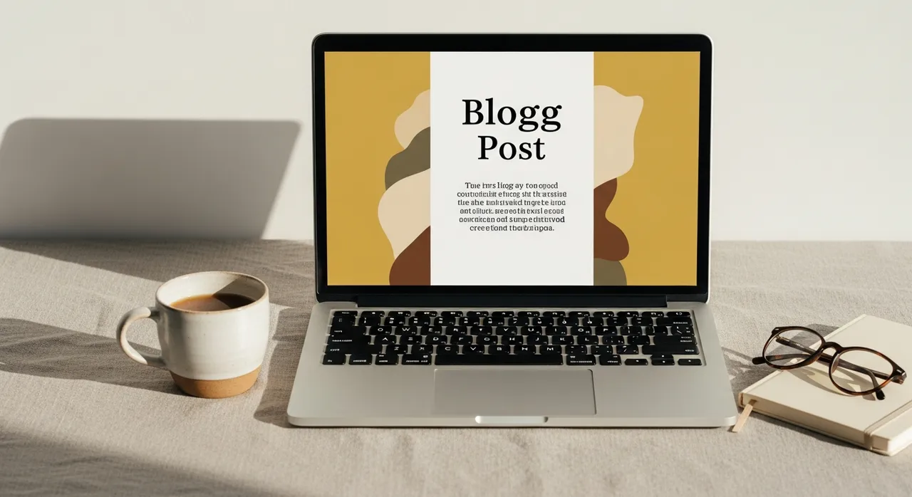 Open laptop with a clean blog post on screen, mug and notebook beside it